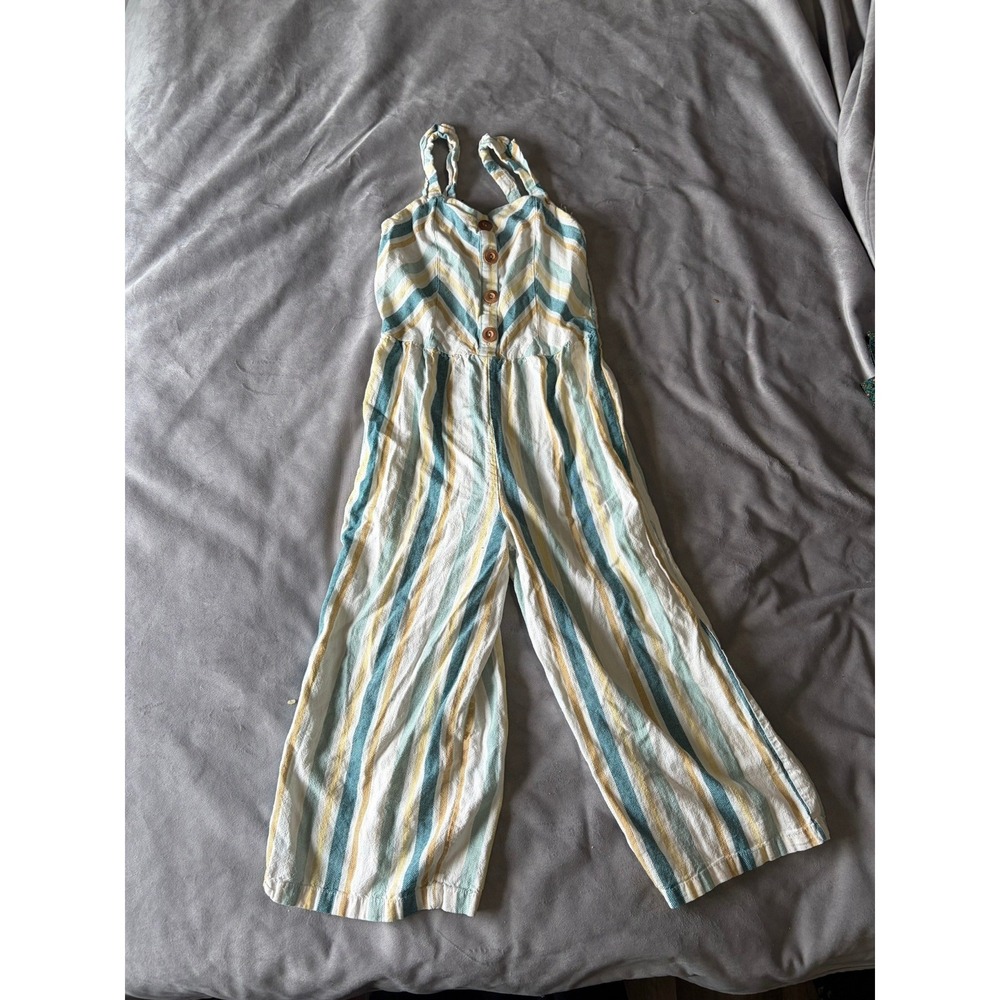 Art Class Girls Striped Wide Leg Jumpsuit Teal Yellow White Size L 10/12